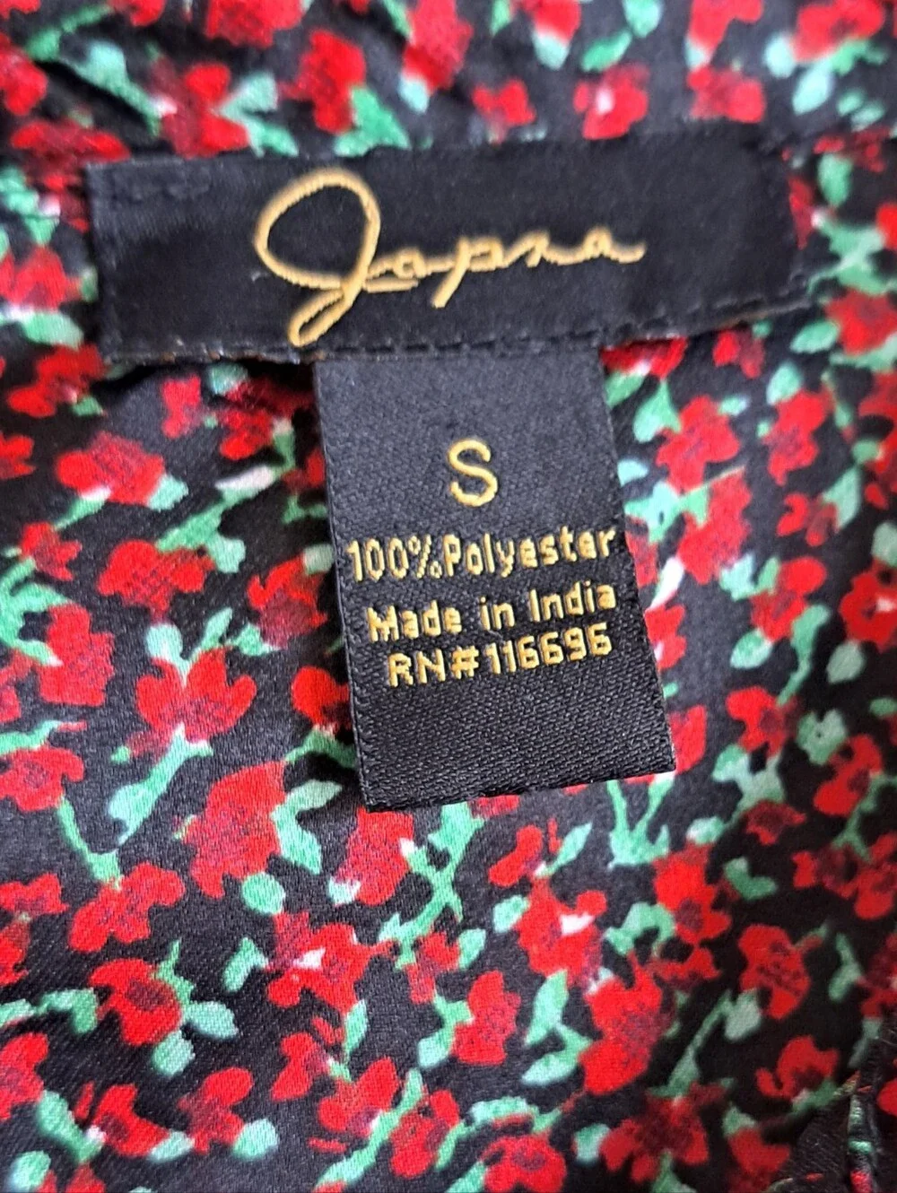 Japna Red Black Satin Micro Floral Print Button Up Longsleeve Blouse Size Small